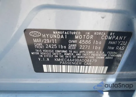 2011 Hyundai Sonata Hybrid z USA, uszkodzony, nr VIN KMHEC4A49BA004479